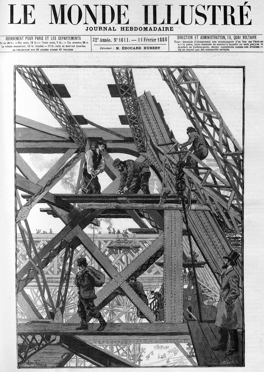 The works of the Eiffel Tower for the world exhibition of 1889, the workers are fifty meters above the ground. In “The Illustrious World” of 1888. av French School