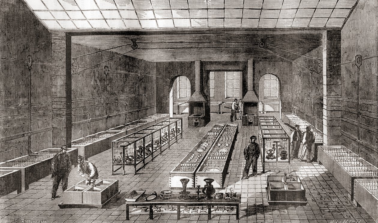 Verkstedet som inneholder de kjemiske badene i Charles Christofles galvaniseringsanlegg, Paris, Frankrike i 1867, fra Les Merveilles de la Science, publisert ca. 1870 (gravering) av French School