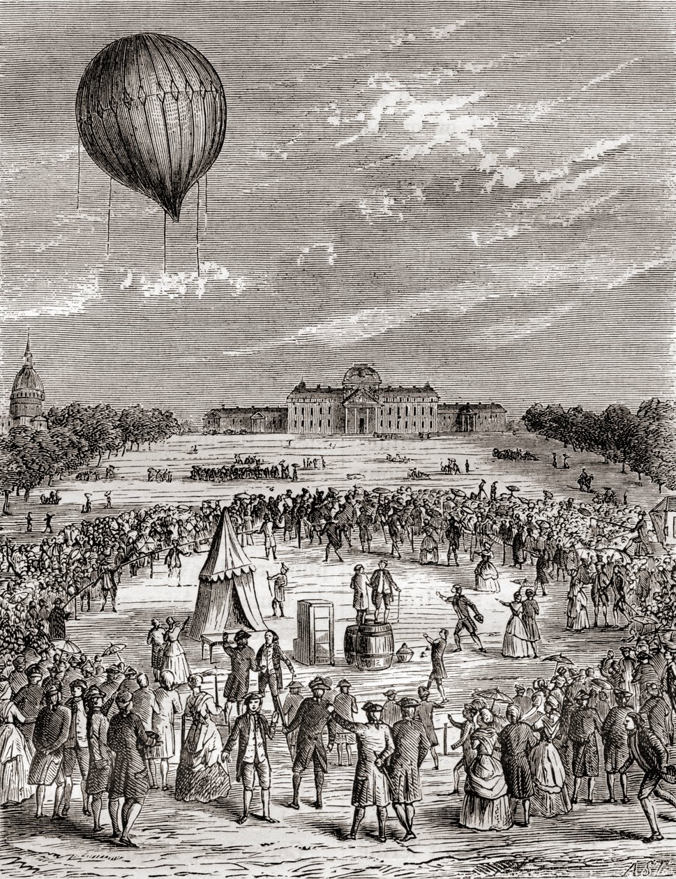 Verdens første hydrogenballong, skutt opp over Champs de Mars, Paris, Frankrike i 1783, fra Les Merveilles de la Science, publisert ca. 1870 (gravering) av French School
