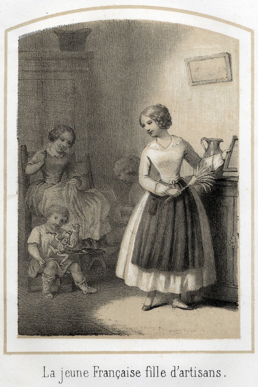 The young French woman of modest social origin works as a domestic servant in a wealthy family. She looks at busy kids at their games with envy. Anonymous engraving of the 19th century av French School
