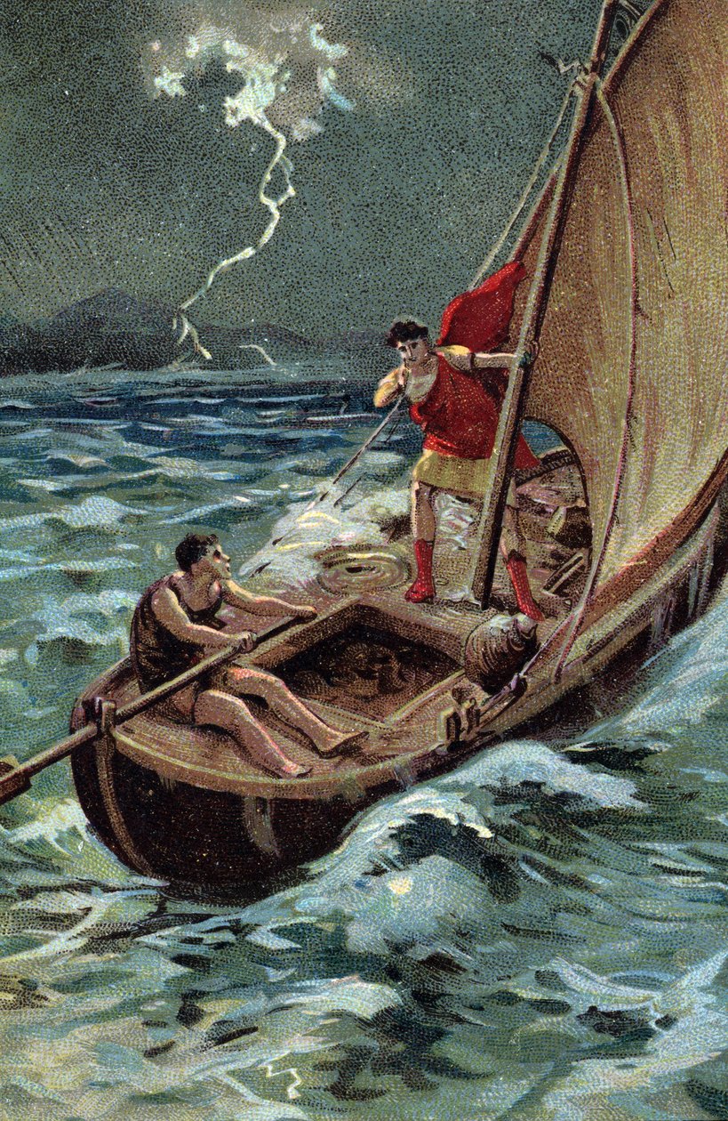 Den unge Jules Cesar (100-44 f.Kr.) som krysser Adriaterhavet for å slutte seg til Dalmatia, går tappert frem til tross for stormen, trygg på sin gode stjerne og skjebne (Unge Julius Cæsar (100-44 f.Kr.) krysser modig Adriaterhavet på skipet sitt, i til tr av French School