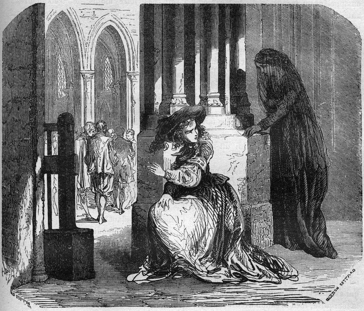 The young Madeleine de la Palude (Madeleine de Demandols) in the 17th century possessed by a demon, managed to attract the religious by the only beauty of her eyes. She was locked up in the Ursuline convent. Engraving in “The history of prostitution and de av French School