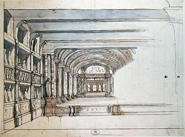 Teaterscene og auditorium med esker, sent på 1600-tallet (penn og blekk og vask på papir) av French School