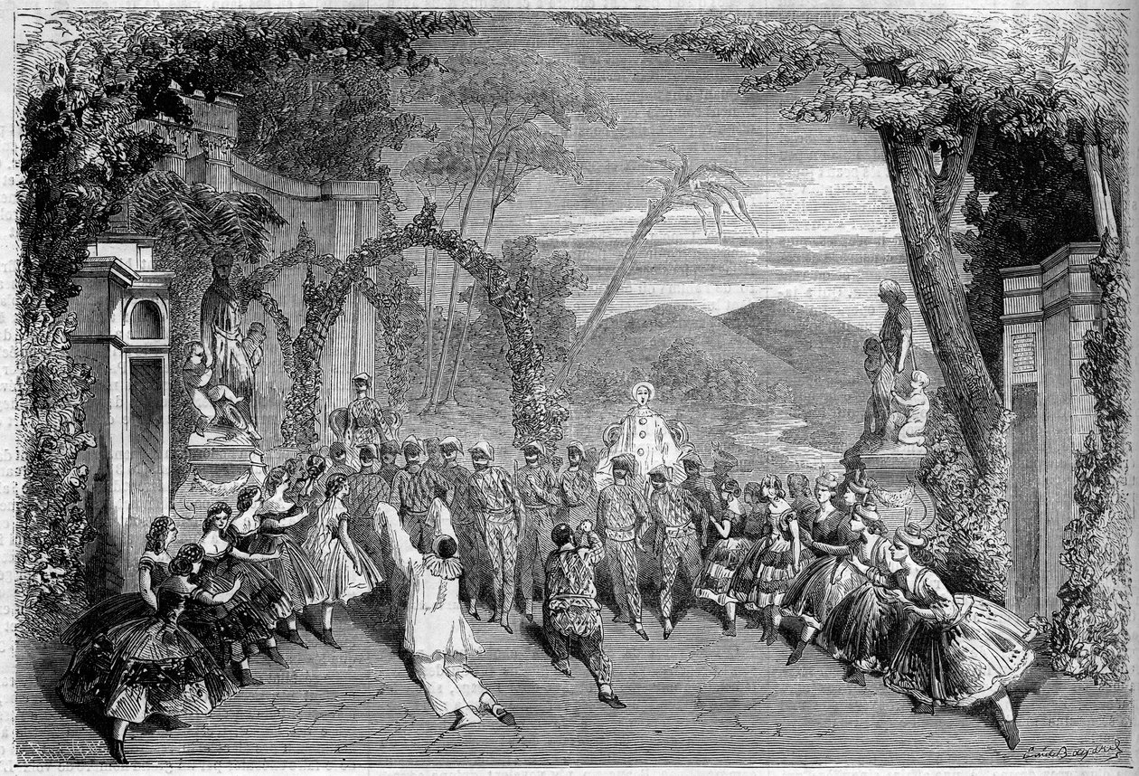 Teaterrepresentasjon: Act II, siste scene av "Les Dances nationles de la France" av Lambert Thiboust (1826-1867), Alfred Delacour (1815-1883) og Clairville (1811-1879). Paris, Theatre des Varietes av French School