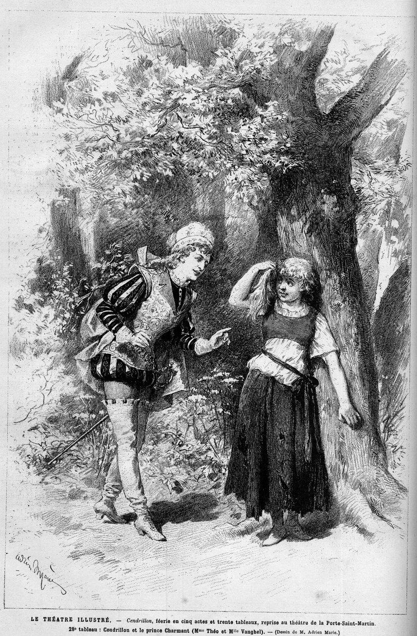 Teaterrepresentasjon: Askepott og sjarmerende prins fremført av Mme Theo og Melle Vanghel for stykket "" Cendrillon"" av Clairville (Louis Francois Nicolaie av French School