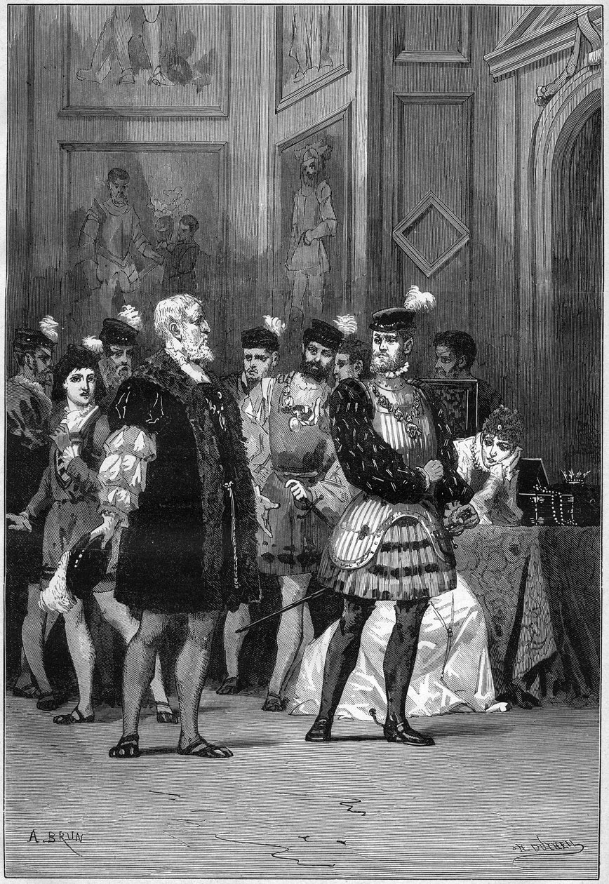 Teaterrepresentasjon: "" Hernani"" av Victor Hugo (1802-1885), akt III scene 6. Paris, Comedie Francaise av French School