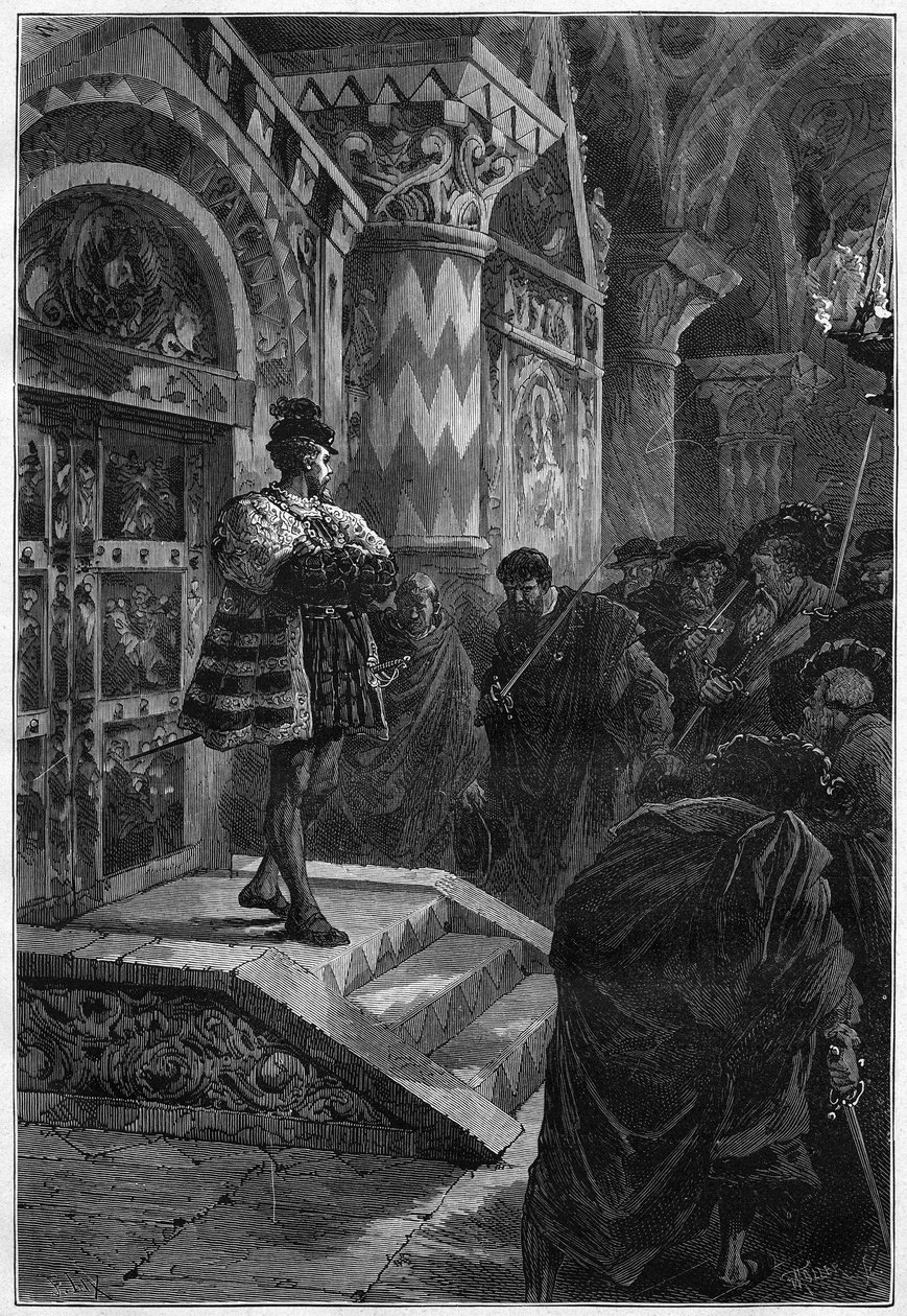 Teaterrepresentasjon: "" Hernani"" av Victor Hugo (1802-1885), akt IV scene 4. Paris, Comedie Francaise av French School
