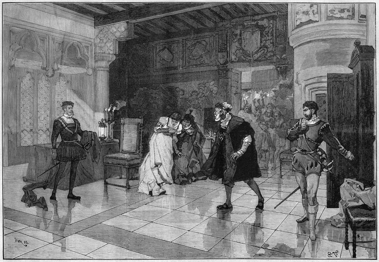 Teaterrepresentasjon: "" Hernani"" av Victor Hugo (1802-1885), akt I scene 3. Paris, Comedie Francaise av French School