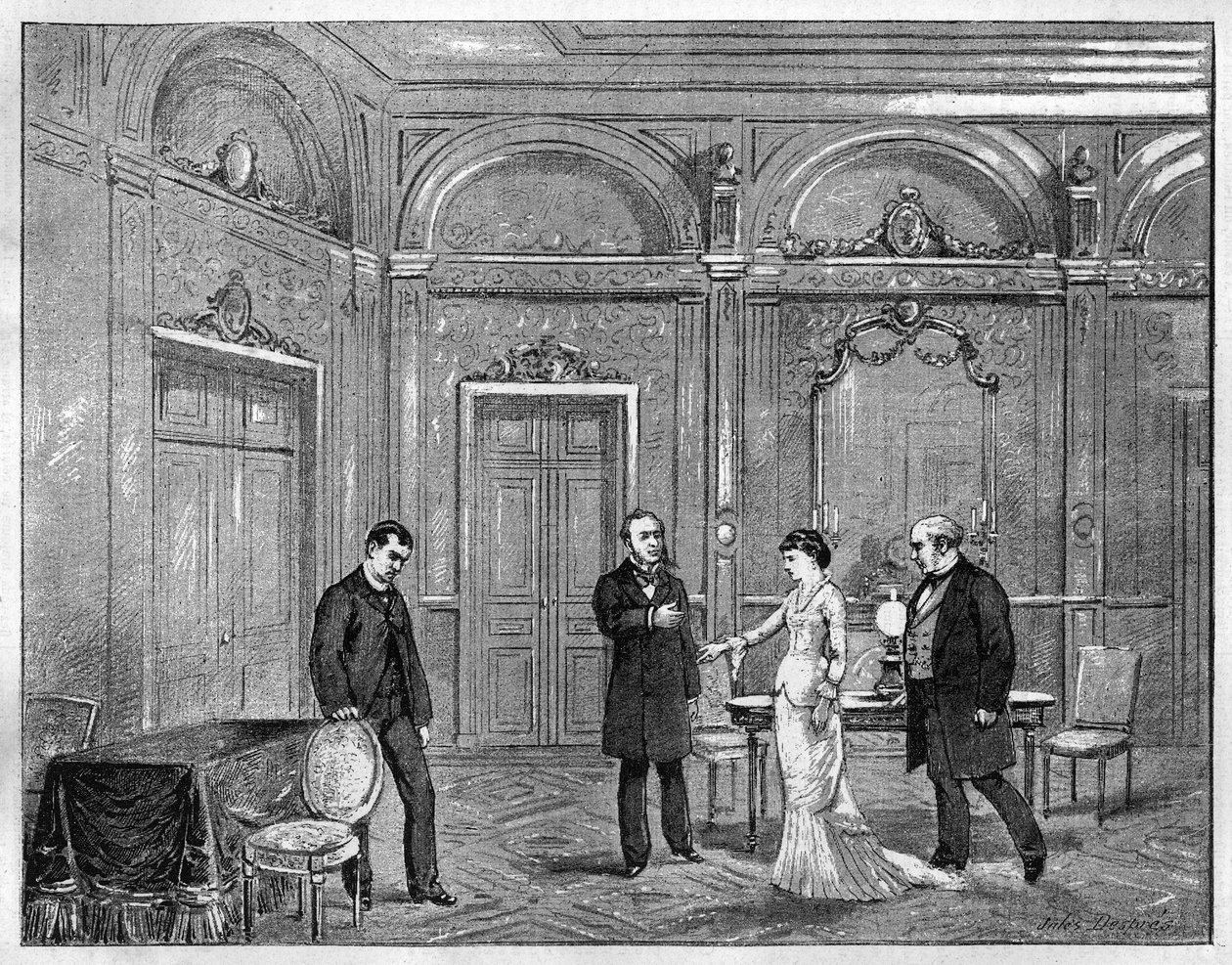Teaterrepresentasjon: ""Jean Beaudry"" av Auguste Vacquerie (1819-1895). 4. akt. Paris, Theatre Francais (Comedie Francaise). Gravering fra 1880 i "The Illustrious Republic"" privatsamling. av French School