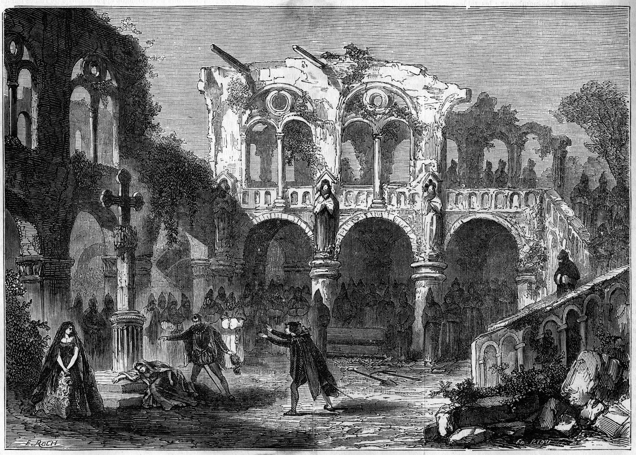 Teaterrepresentasjon: "The Funerailles of Honour" (akt VII, siste scene) av Auguste Vacquerie (1819-1895). Paris, Theatre de la Porte Saint Martin av French School