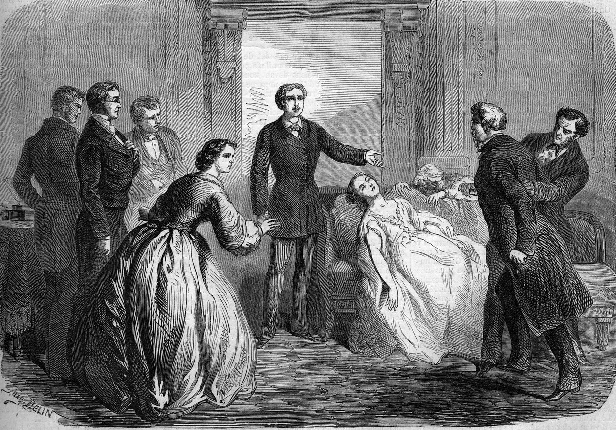 Teaterrepresentasjon av "" La Maratre"" (5. akt, siste scene) av Honore de Balzac (1799-1850). Paris, Theatre du Vaudeville av French School