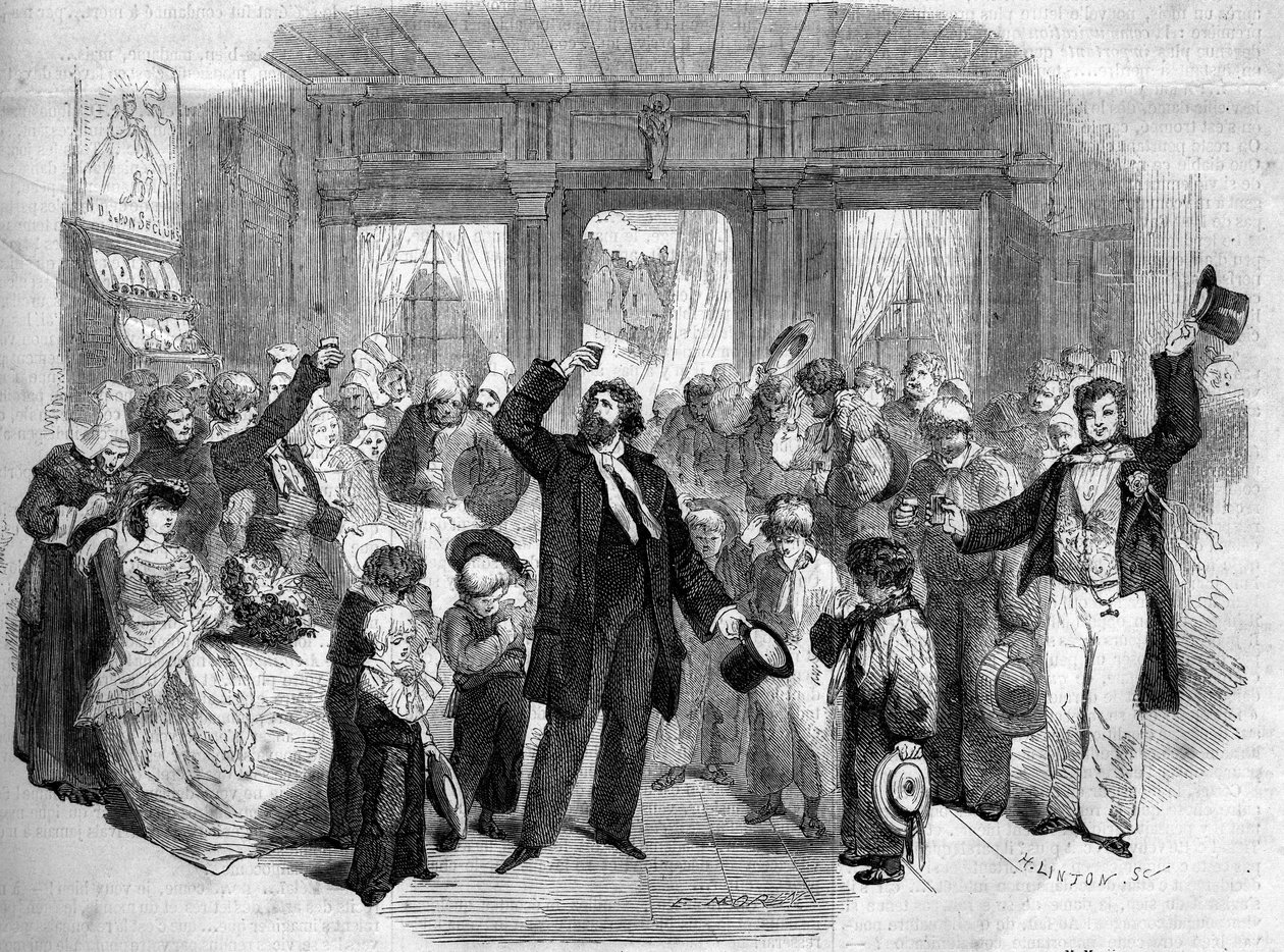 Teaterrepresentasjon av "La Penelope Normande"" (akt I) av Alphonse Karr (1808-1890). Blant komikerne var Mme Alexis, Mme Doche, Lafontaine (Henry Lafontaine av French School