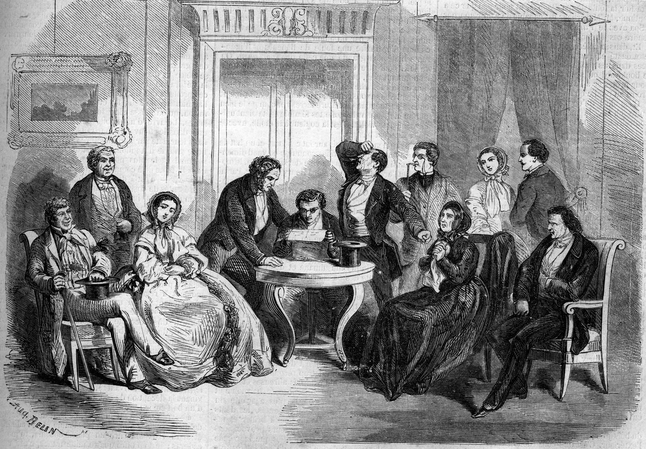 Teatralsk fremstilling av "" Testamentet til Cesar Girodot"" (scene for lesningen av testamentet, akt I) av Adolphe Belot (1829-1890) og Edmond Villetard. Paris, Theatre Imperial de l'Odeon av French School
