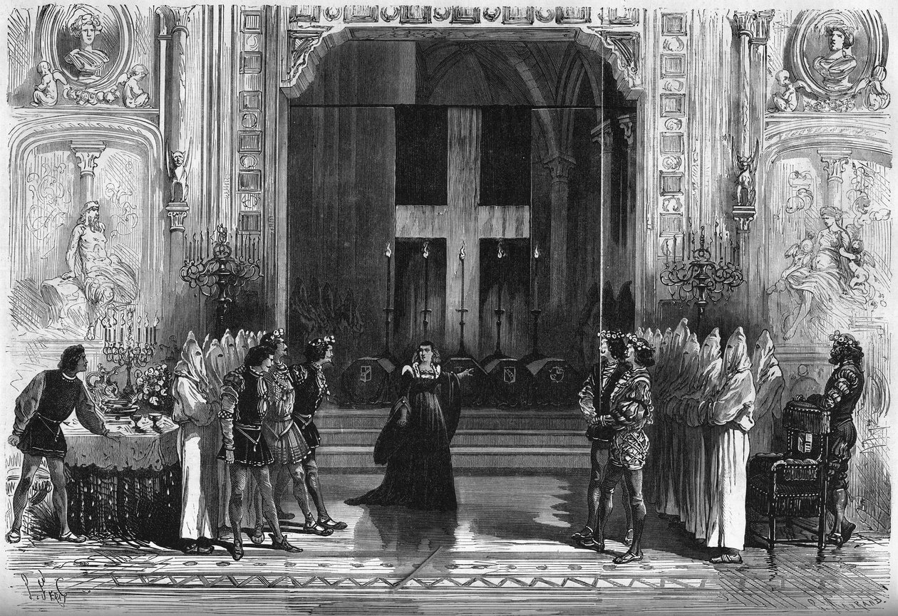 Teaterrepresentasjon: scene for kistene i "Lucrece Borgia" av Victor Hugo (1802-1885). Paris, Theatre de la Porte Saint Martin av French School