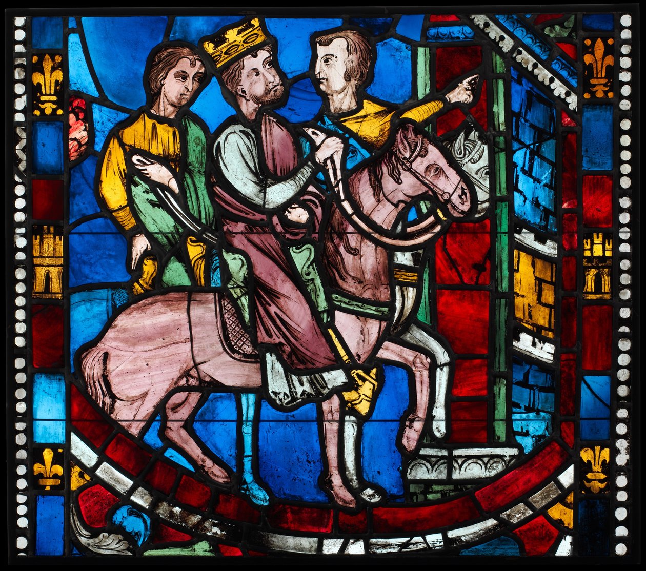 Theodosius ankommer Efesos, fra en scene fra legenden om de syv sovende i Efesos, ca. 1200–10 (pottmetallglass, glassaktig maling) av French School