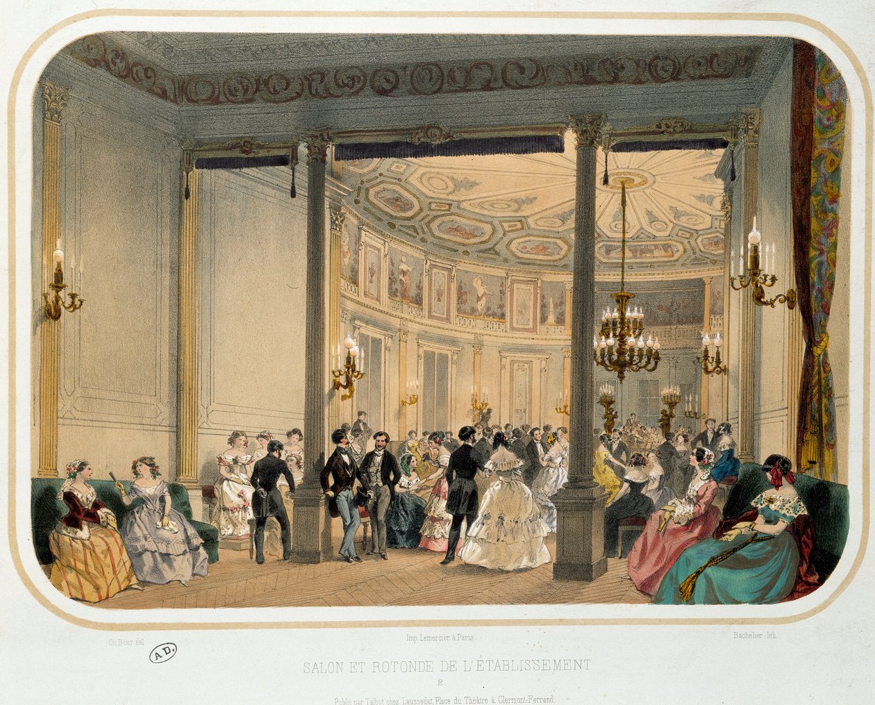 Termalisme: "" Salong og rotunde til et etablissement i Vichy på tidspunktet for en verdslig mottakelse"". Litografi av Paris fra 1800-tallet. Dekorativ kunst av French School