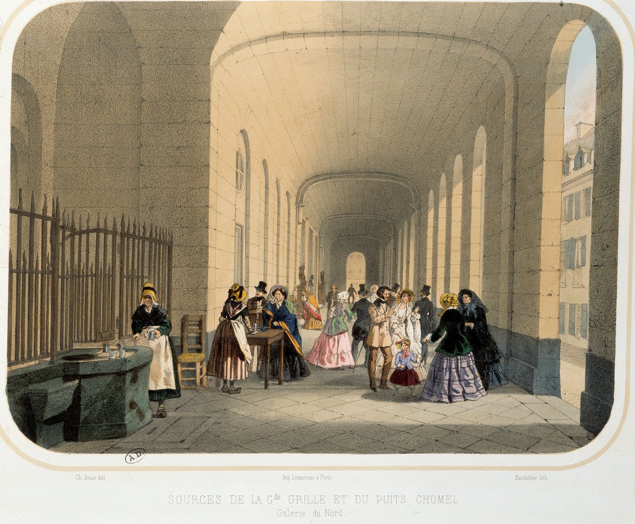 Termalisme: "" utsikt over kilden til det store rutenettet og Chomel-brønnen, galleriet i nord"" Litografi av Paris fra 1800-tallet. Dekorativ kunst av French School