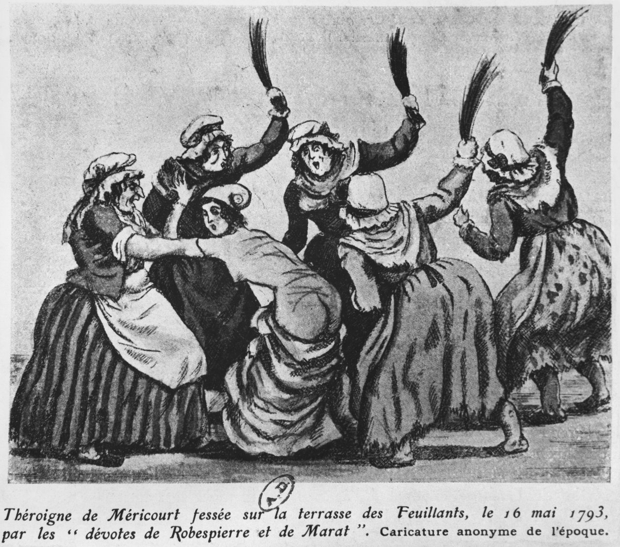 Theroigne de Mericourt pisket av en gruppe parisiske jakobinske kvinner, 16. mai 1793 (wc på papir) av French School