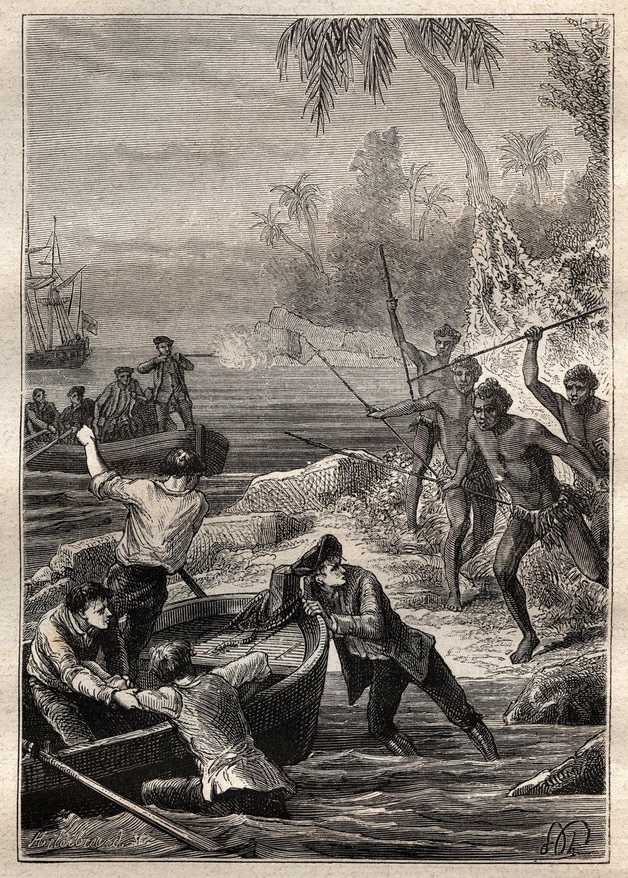 Disse ble levert så nært...: Kaptein James Cooks reise (1728-1779) til New Zealand i 1769 - New Zealands naturfolk angriper Cooks mannskap når de nærmer seg kysten - illustrasjon hentet fra "The Great Mariners of the 18th century ” av French School
