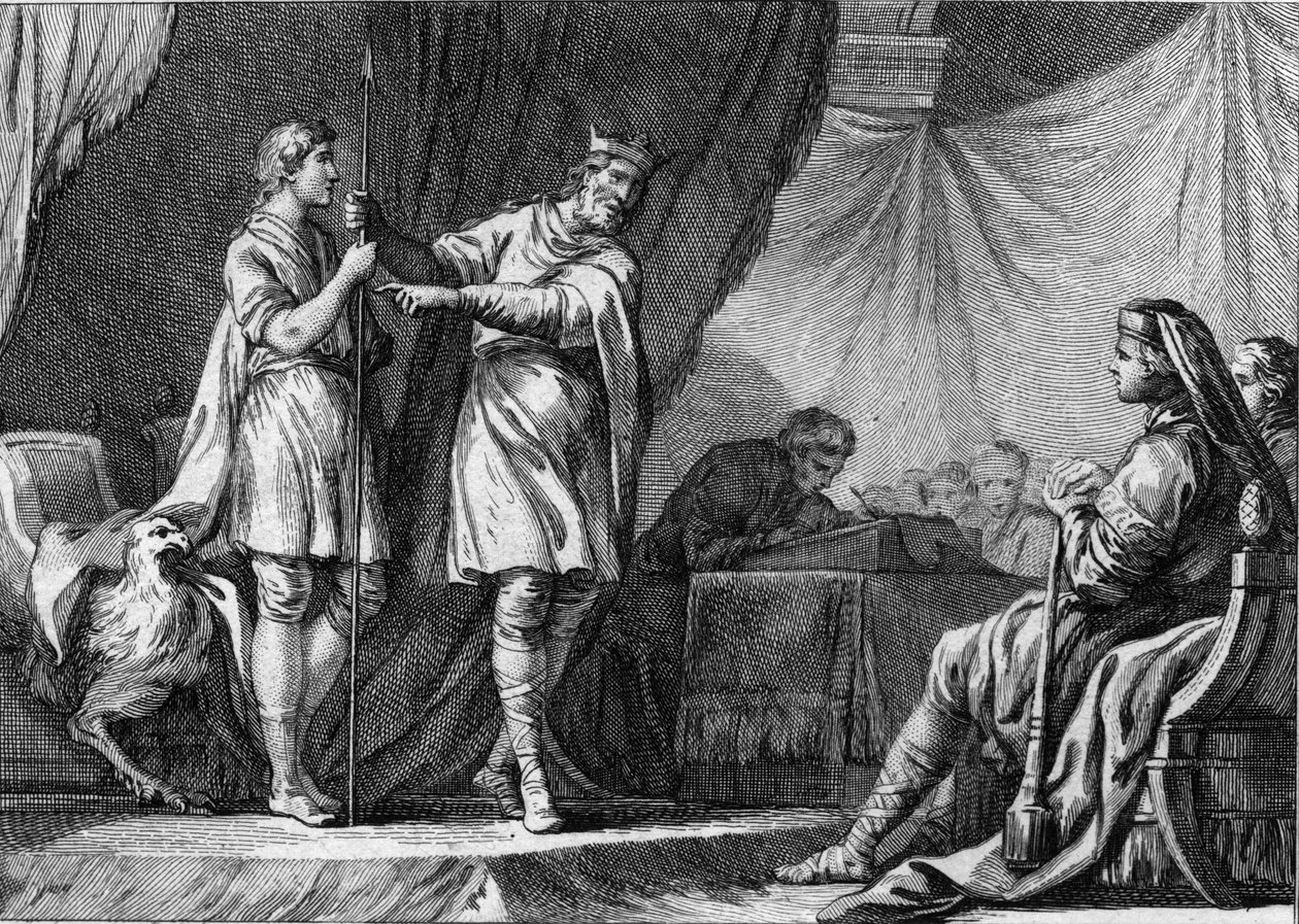 Thibaut I (Theodebald, ca. 535-555), king of Austrasia, rejecting the offer of the ambassadors of the Byzantine emperor Justinian to abandon the defense of the Ostrogoths and to join with the Empire. Engraving of the 18th century. av French School