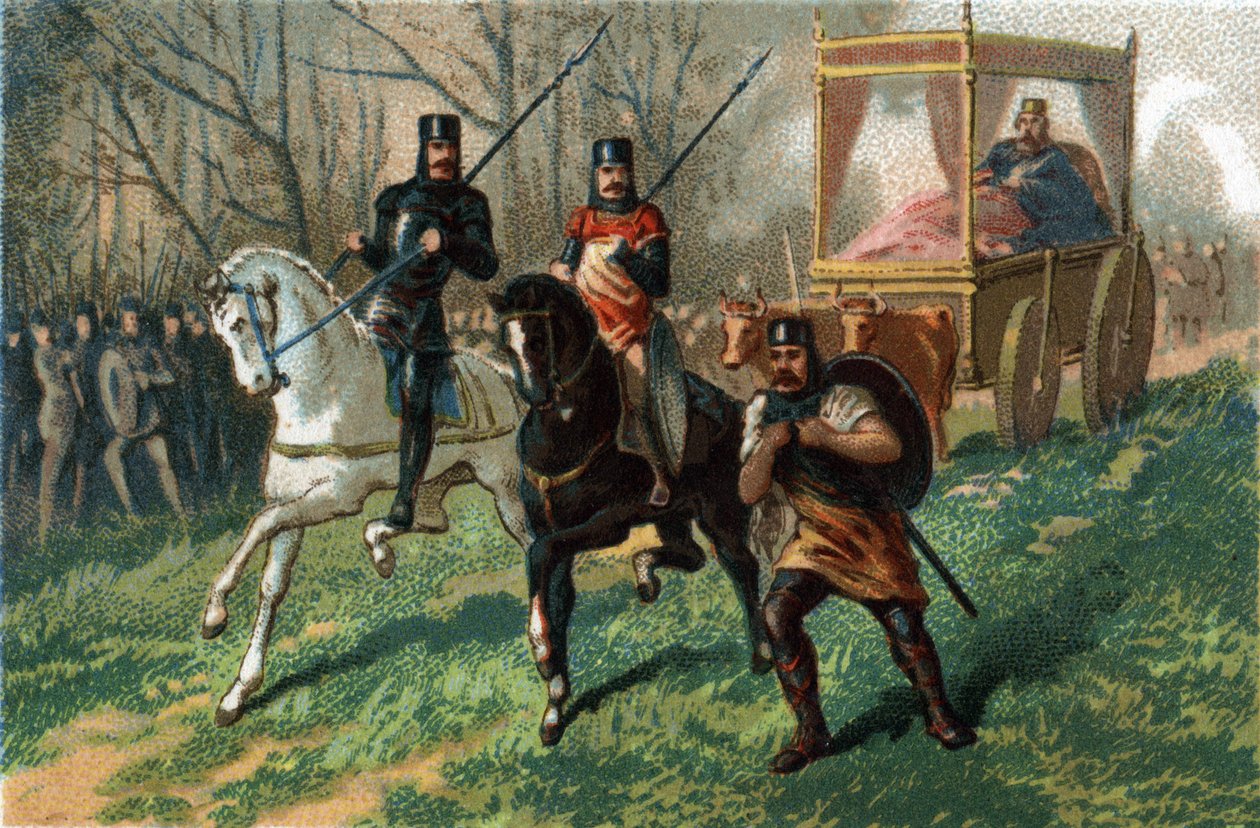 Thierry III sier at Faineant-kongen av 673a 691 går gjennom Paris i sin vogn skutt av okser. Kromolitografi rundt 1890. av French School