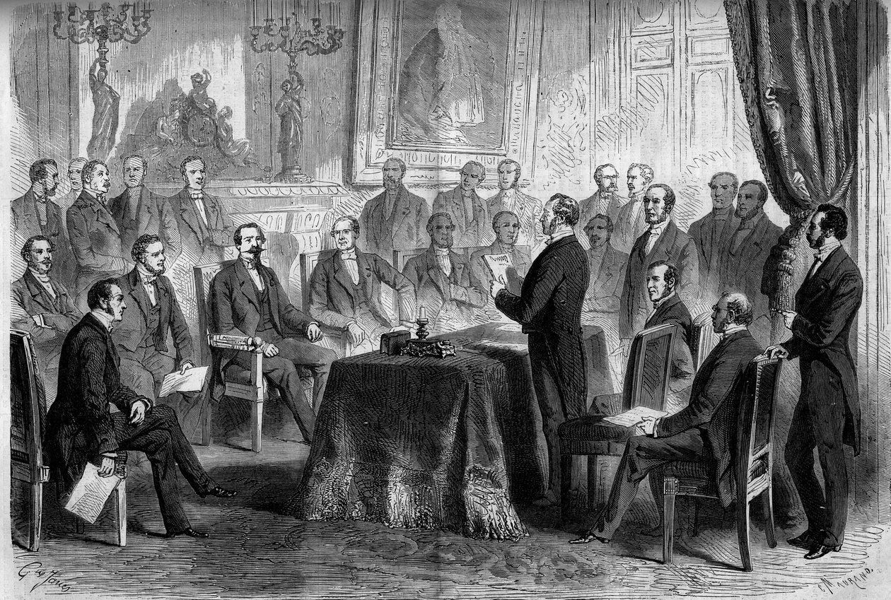 Tredje republikk: møte i statsrådet ved Tuileriene i nærvær av Napoleon III (1808-1873) og baron Eugene Georges Haussmann, prefet i Paris (1809-1891). Gravering i "" Le Monde Illustré"" nr. 291 av 8. november 1862. av French School