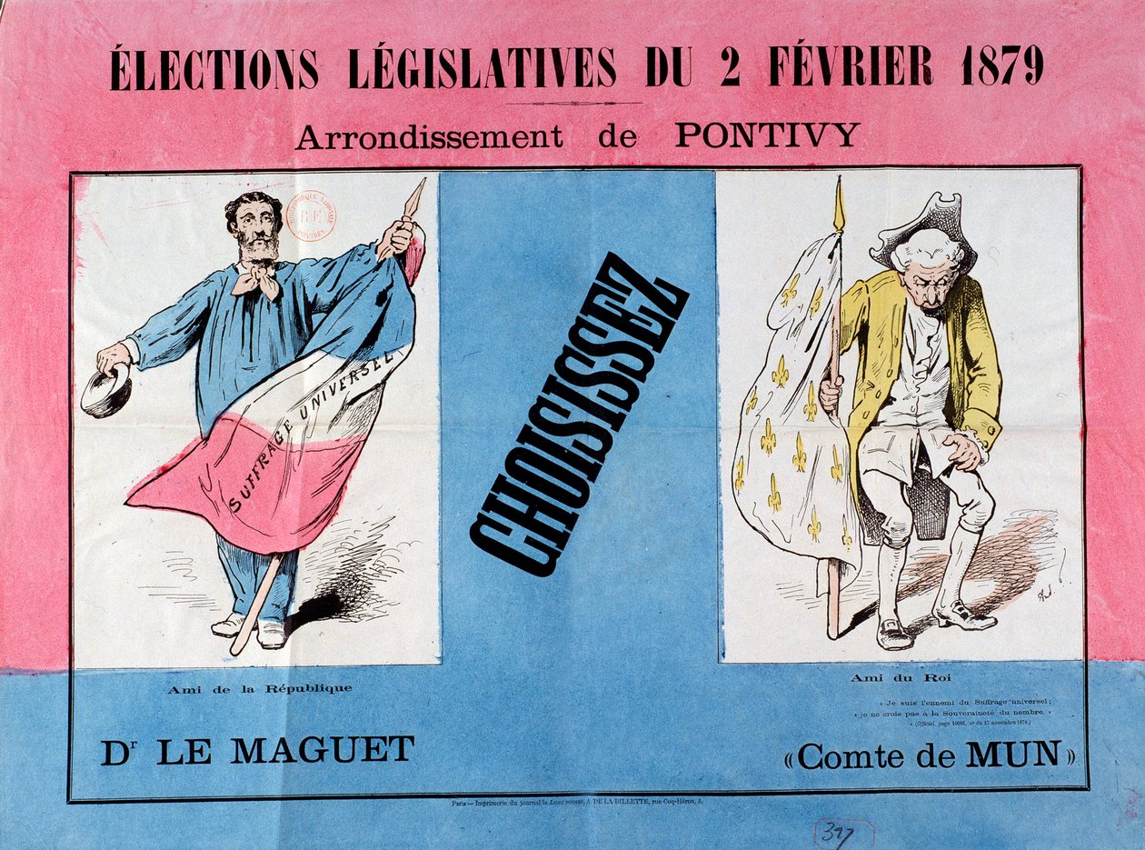 Tredje republikk: plakat for det lovgivende valget 2/02/1879 i Pontivy kommune (Morbihan). Paris. Museum for plakat og reklame av French School