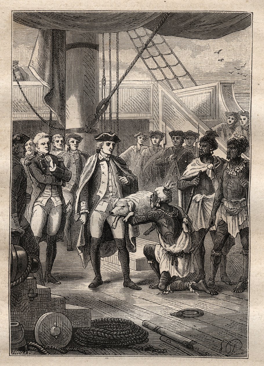 Tredje reise til James Cook - De ga ham en liten gris - jeg presenterte ham en liten gris - Tredje reise til James Cook i Stillehavet - illustrasjon hentet fra "The Great Mariners of the 18th century" av Jules Verne av French School