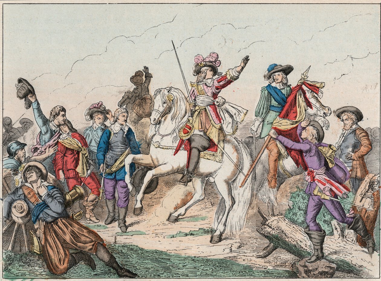 Tretti års krig (1618-1648): Prins Louis II av Bourbon Conde (Bourbon-Conde), kjent som Grand Conde (1621-1686), hertugen av Enghien, hilser liket av greven av Fontaine i slaget ved Rocroi (Rocroy) mot spanjolene, 19. mai av French School