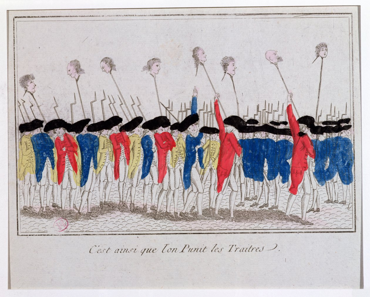 Dette er hvordan forrædere blir straffet, sans-culottes som bærer hodene til de giljotinerte, 1789 av French School