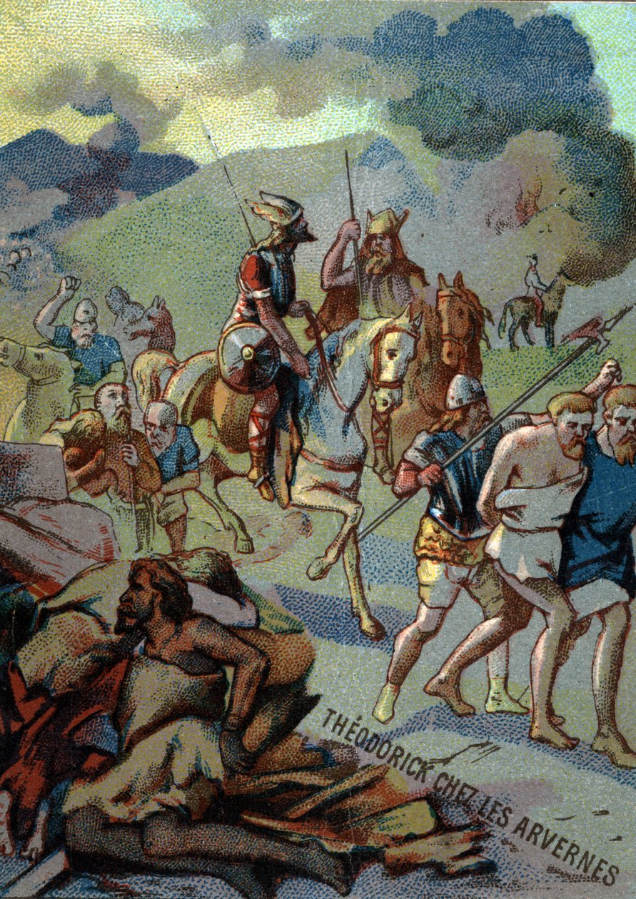 Théoderick, eldste sønn av Clovis, i Arvernes (Auvergne) (532-533). Kromolitografi av serien "" Patriotisk utdanning gjennom bilde"". av French School