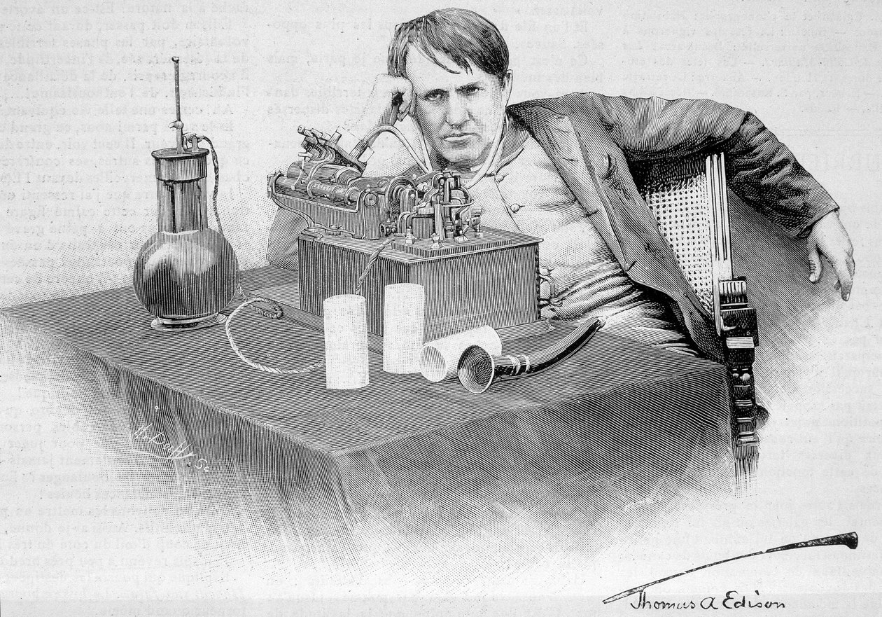 Thomas Edison og hans fonograf - i "" Le Monde Illustré"" av 17.08.1884 av French School