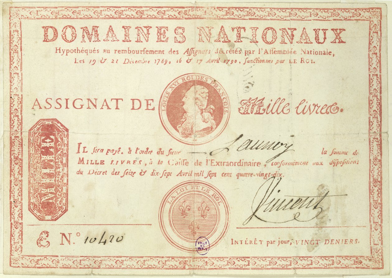 Tusen livre-seddel med et bilde av Ludvig XVI (1754-93) 1790 av French School