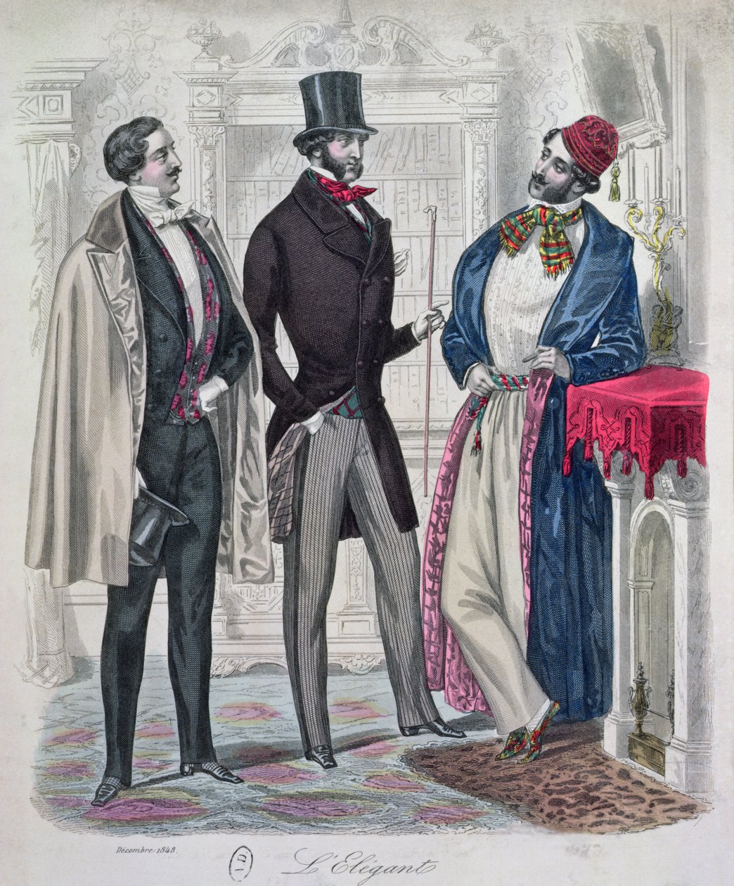 Three Elegant Young Men, desember 1848 (fargegravering) av French School