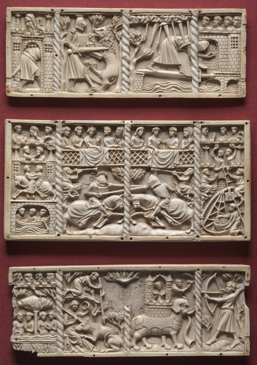 Tre paneler fra en kiste med scener fra høviske romanser, ca. 1330-1350 av French School