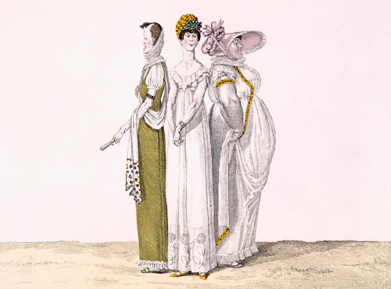 Three Parisian Graces, plate 16 fra le Bon Genre, ca. 1810 (fargegravering) av French School