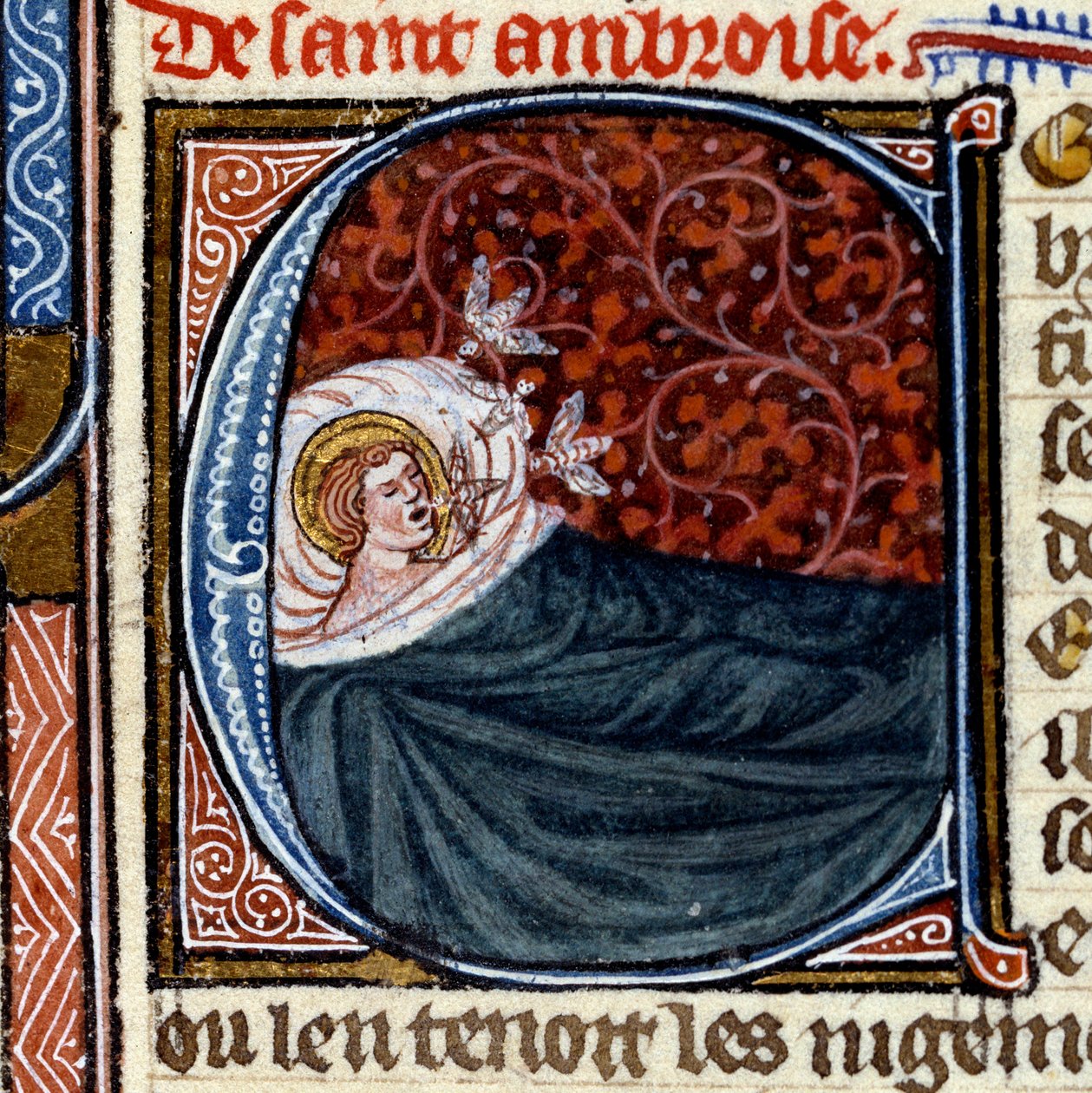 Tre bier kommer ut av munnen til Saint Ambrosius (Saint Ambrose). Miniatyr i "" The Book of Saints"" av French School