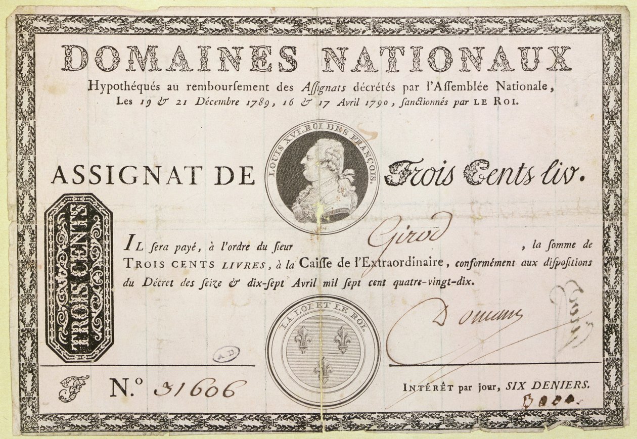 Tre hundre livre seddel, 1790 (blekk på papir) av French School
