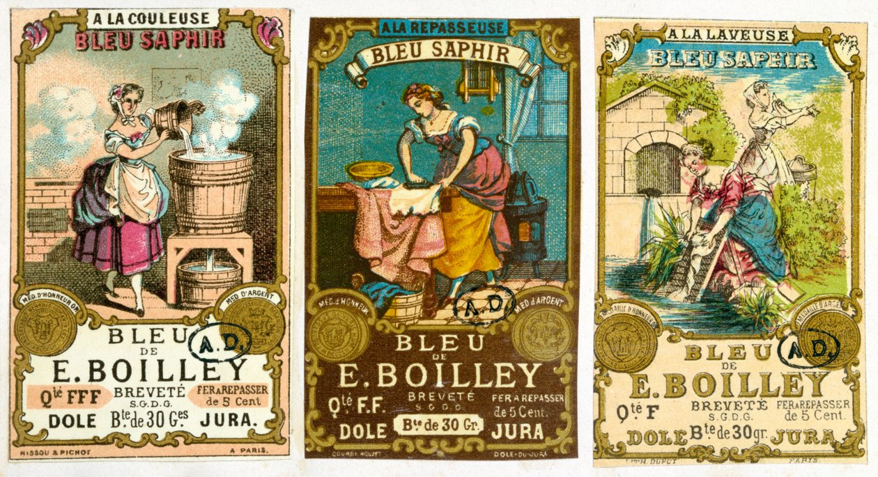 Tre etiketter for vaskepulveret Bleu de E. Boilley, 1878 av French School