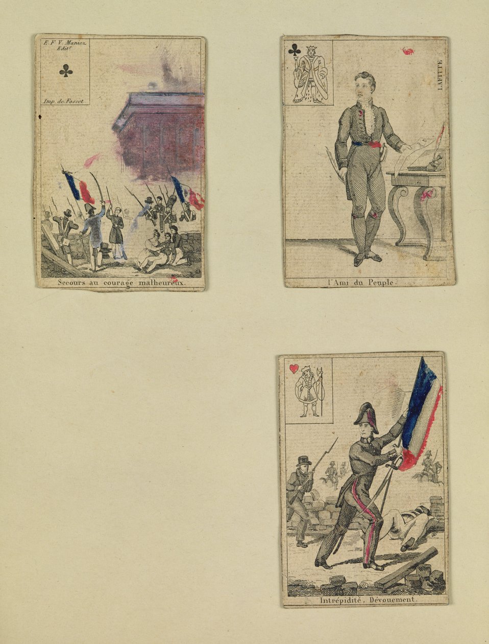 Tre spillekort til minne om heltene fra juli 1830, 1831 av French School
