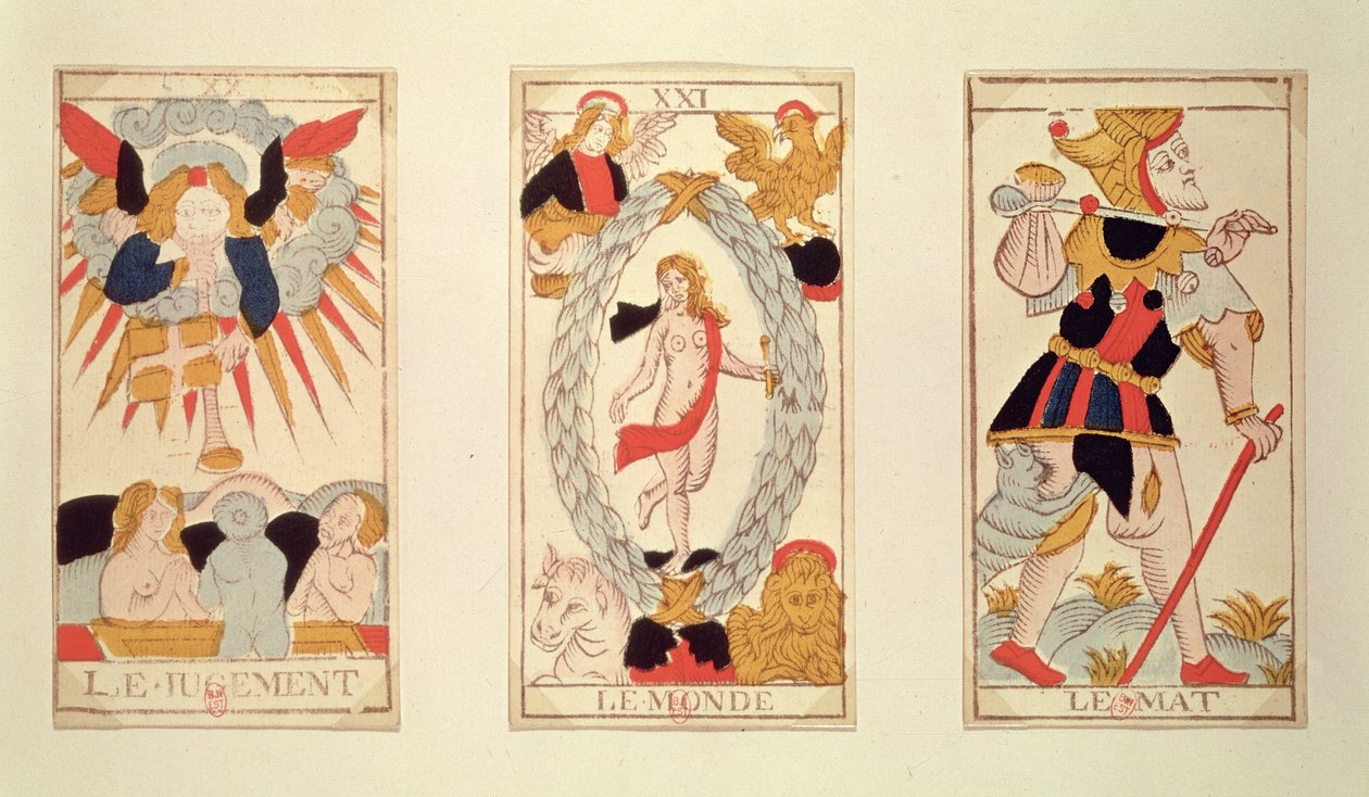 Tre tarotkort som viser Judgement, The World and The Fool (farget tregravering) av French School