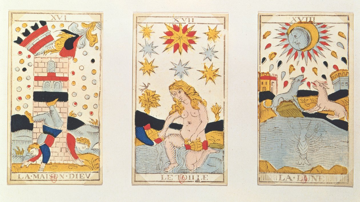 Tre tarotkort som viser Tårnet, Stjernen og Månen (farget tregravering) av French School