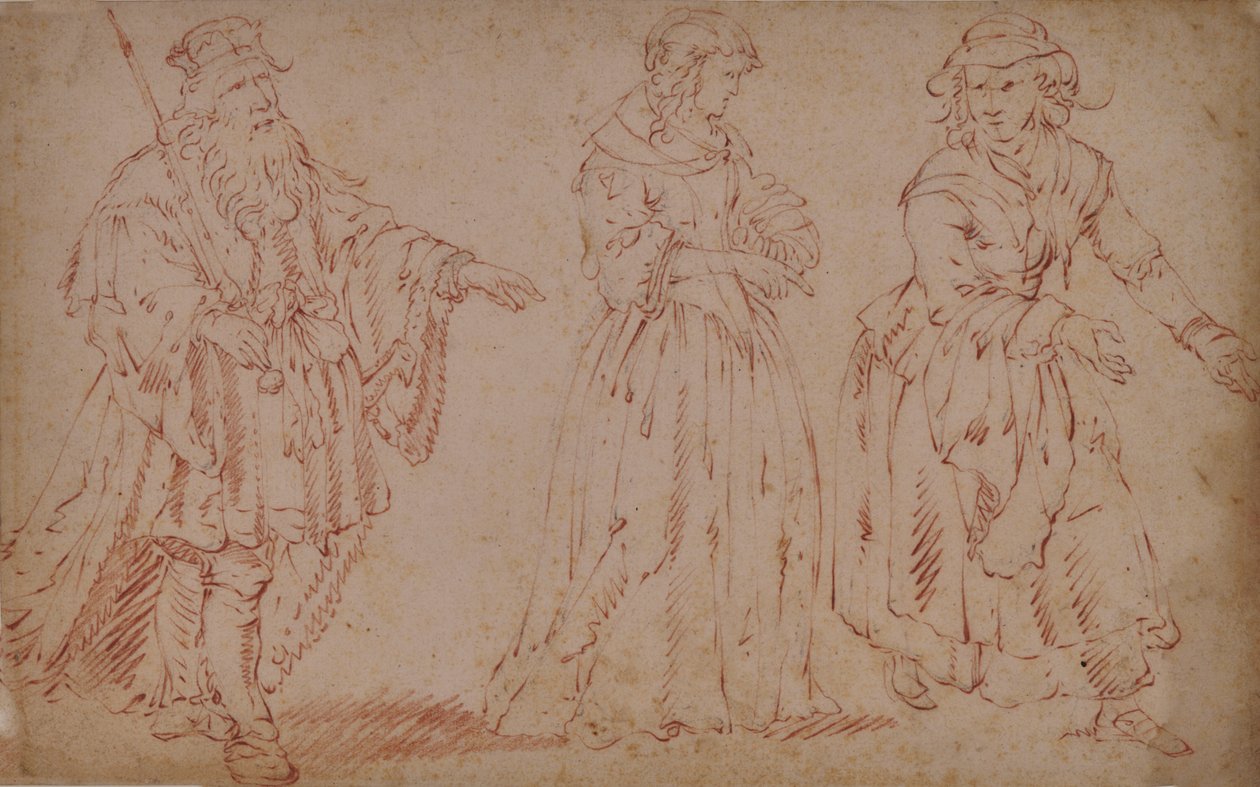 Tre teatralske skikkelser: Kong Lear, Cordelia og Maid av French School