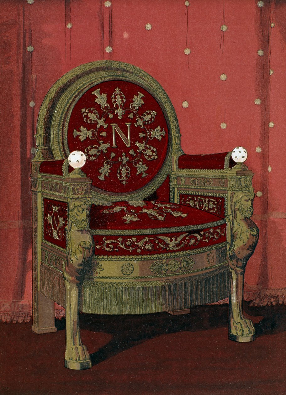Throne of Napoleon I Bonaparte (1769-1821) Palace of Fontainebleau, illustrasjon fra Dictionary of furnishing and decoration av Henry Havard, bind 4, plate 54, Paris, Maison Quantin, 1 av French School