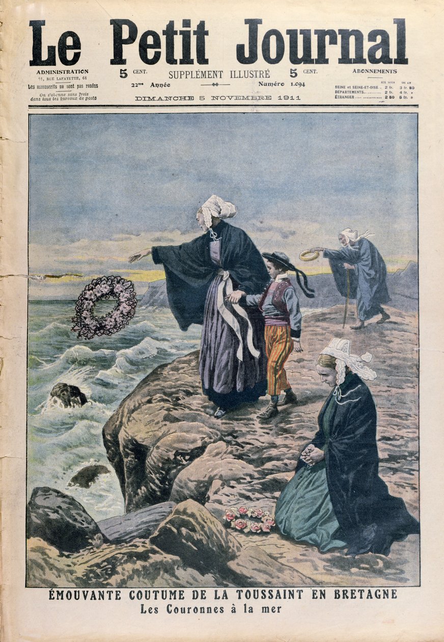 Å kaste kranser i havet på allehelgensdag i Bretagne, omslagsillustrasjon fra Le Petit Journal, 5. november 1911 av French School