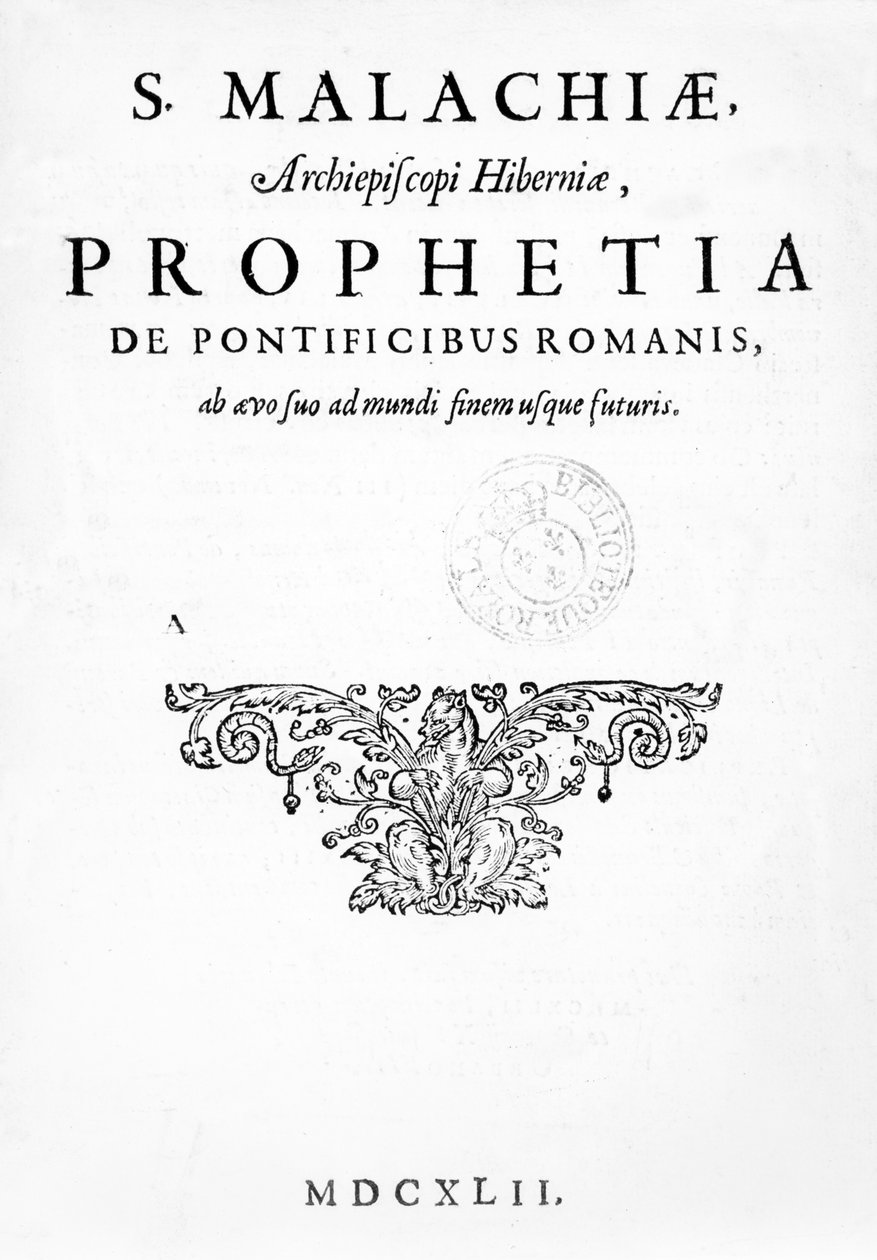 Tittelside for Prophecy of the Popes, utgitt 1662 (boktrykk og gravering) av French School