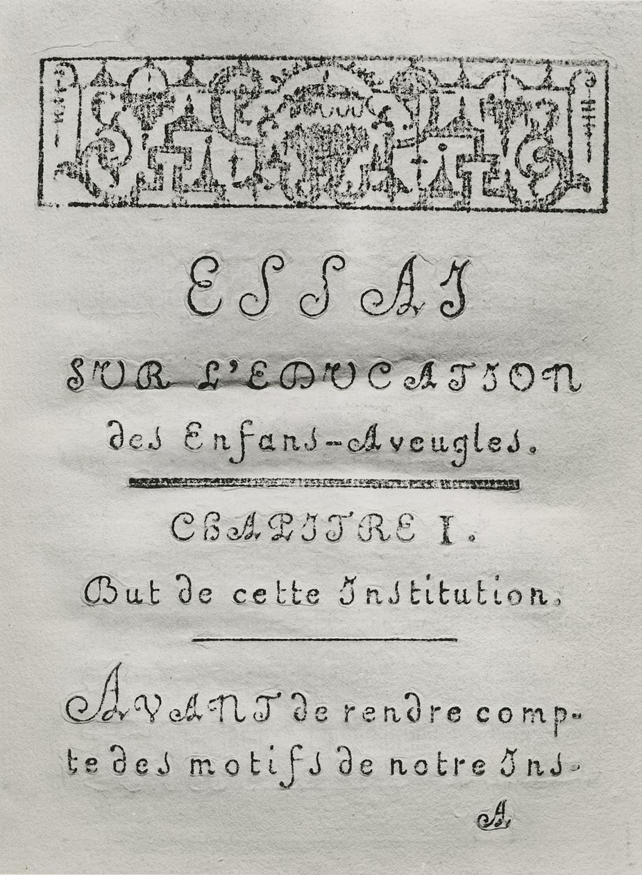 Tittelside for det første kapittelet av Essai sur leducation des aveugles av Valentin Hauy (1745-1822) utgitt i 1786 av French School