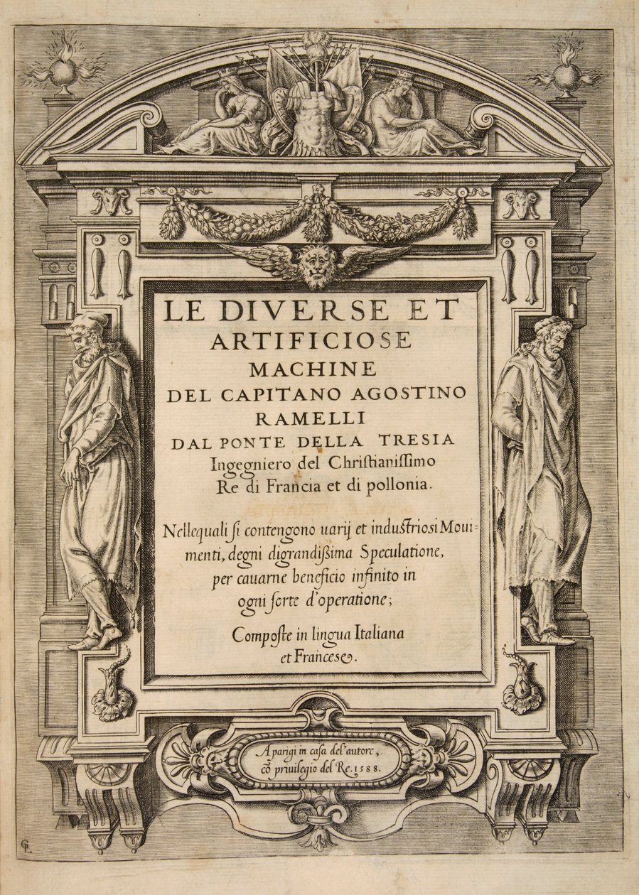 Tittelside, fra The Diverse Et Artificiose Machine av kaptein Agostino Ramelli, pub. 1588 Engravi av French School