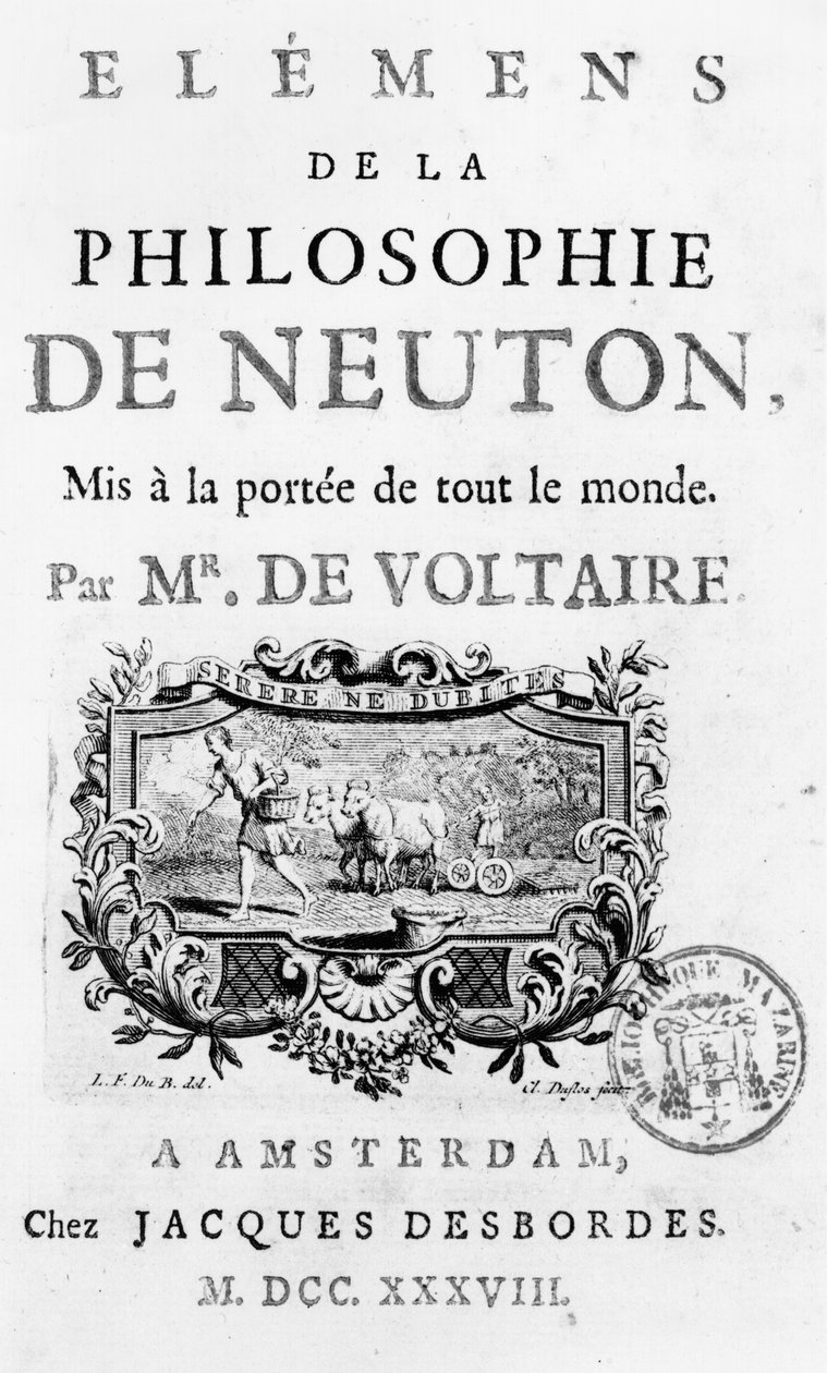 Tittelside av Elements of Newtons Philosophy av Francois Marie Arouet Voltaire (1694-1778) Amsterdam, utgitt 1738 av French School