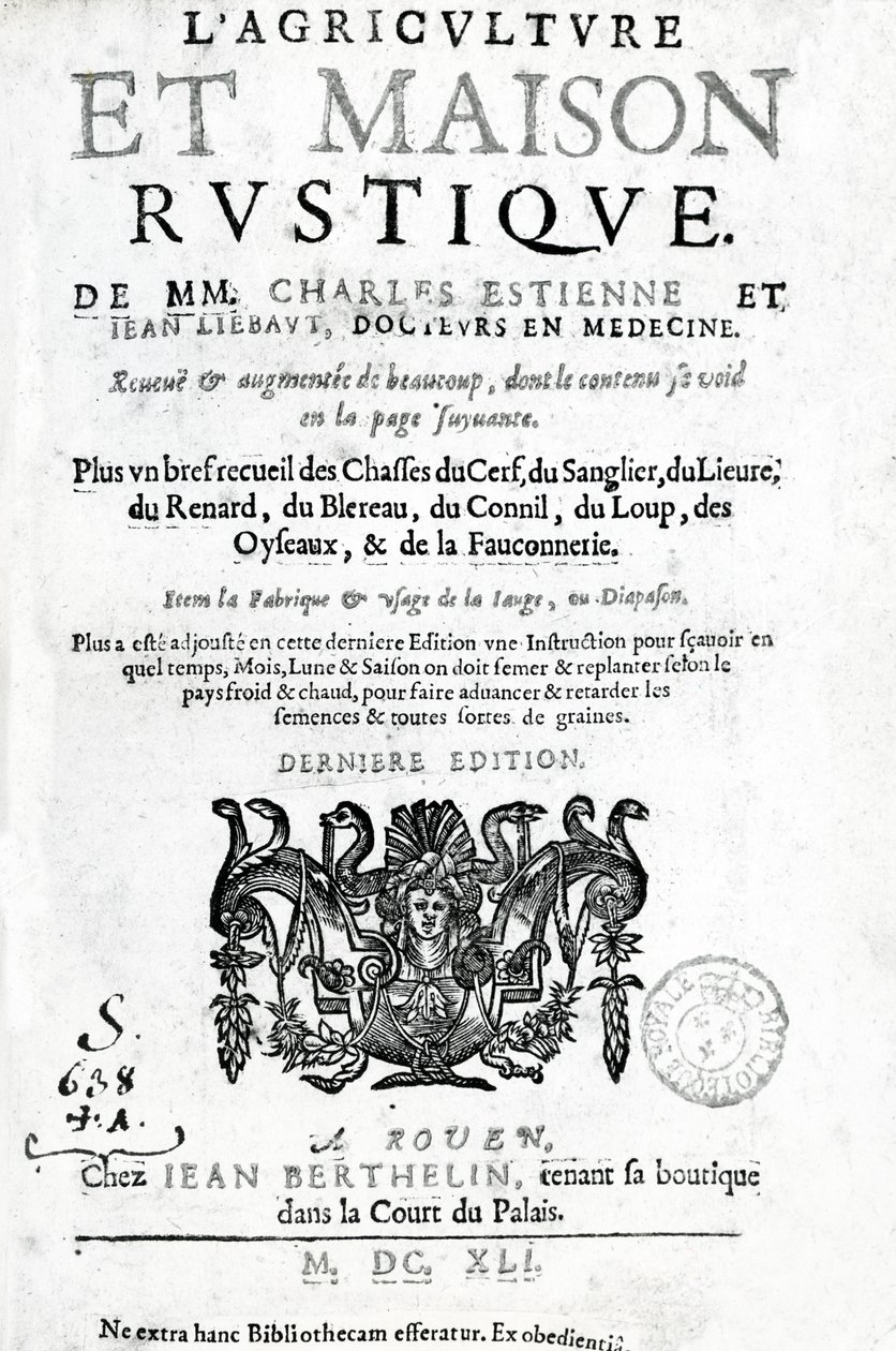 Tittelside av LAgriculture et Maison Rustique, av Charles Estienne, utgave utgitt 1641 (boktrykk og gravering) av French School
